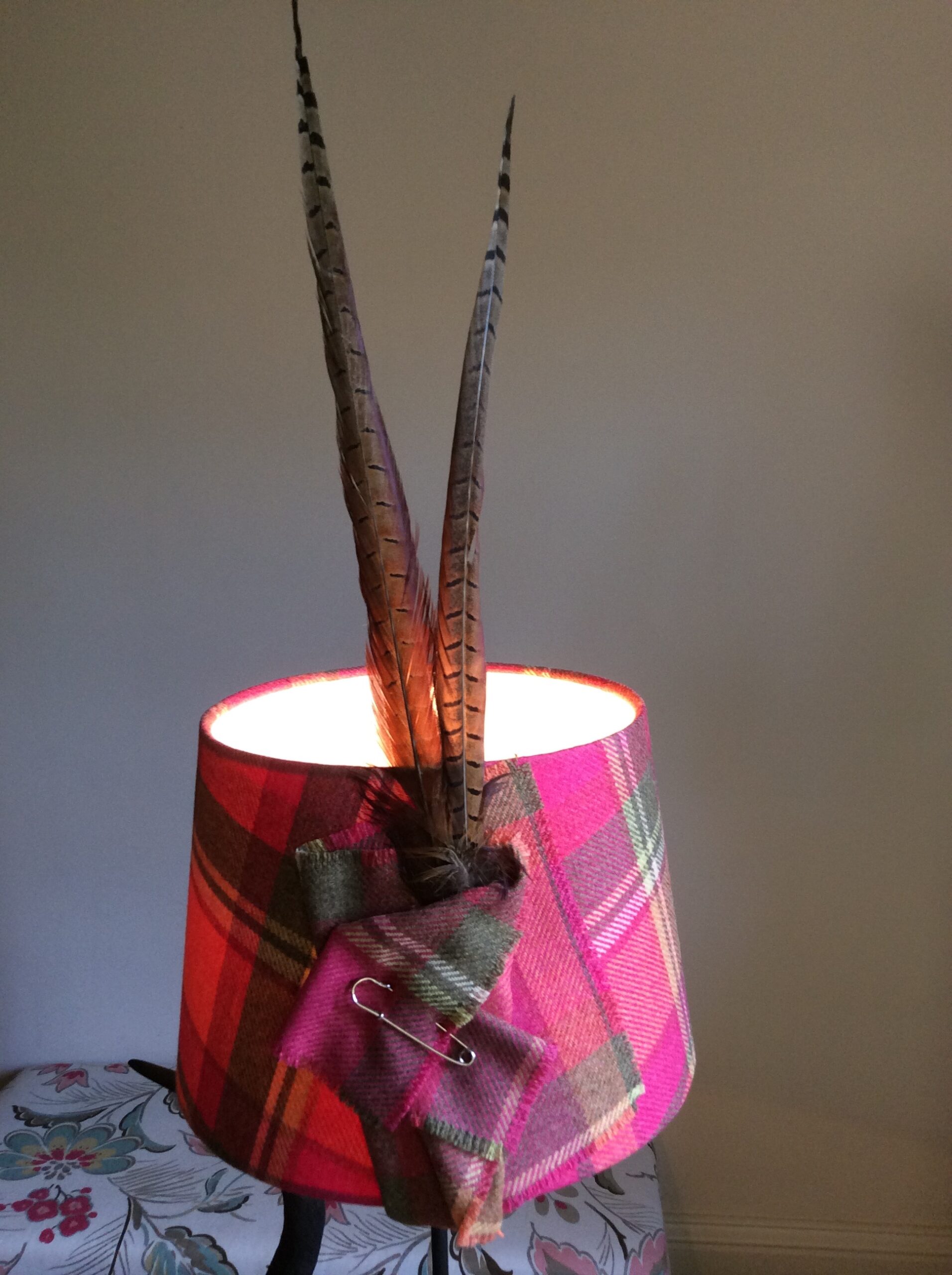 tartan lampshade with pheasant feathers