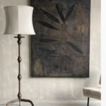 linen lampshade tall standard lamp abstract art