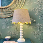bespoke patterned lampshade white base blossom wallpaper