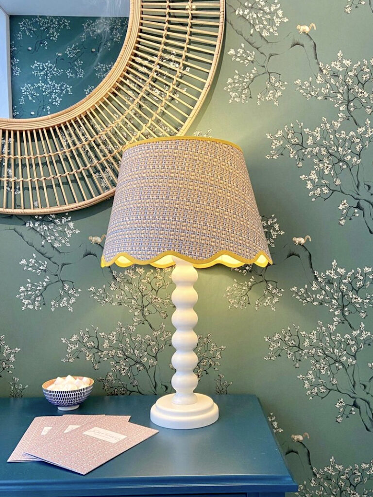 bespoke patterned lampshade white base blossom wallpaper