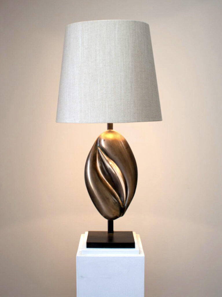 grey linen lampshade metal base stand plinth
