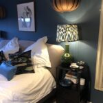 ikat bedside lampshade green base blue walls