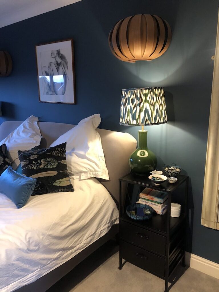 ikat bedside lampshade green base blue walls