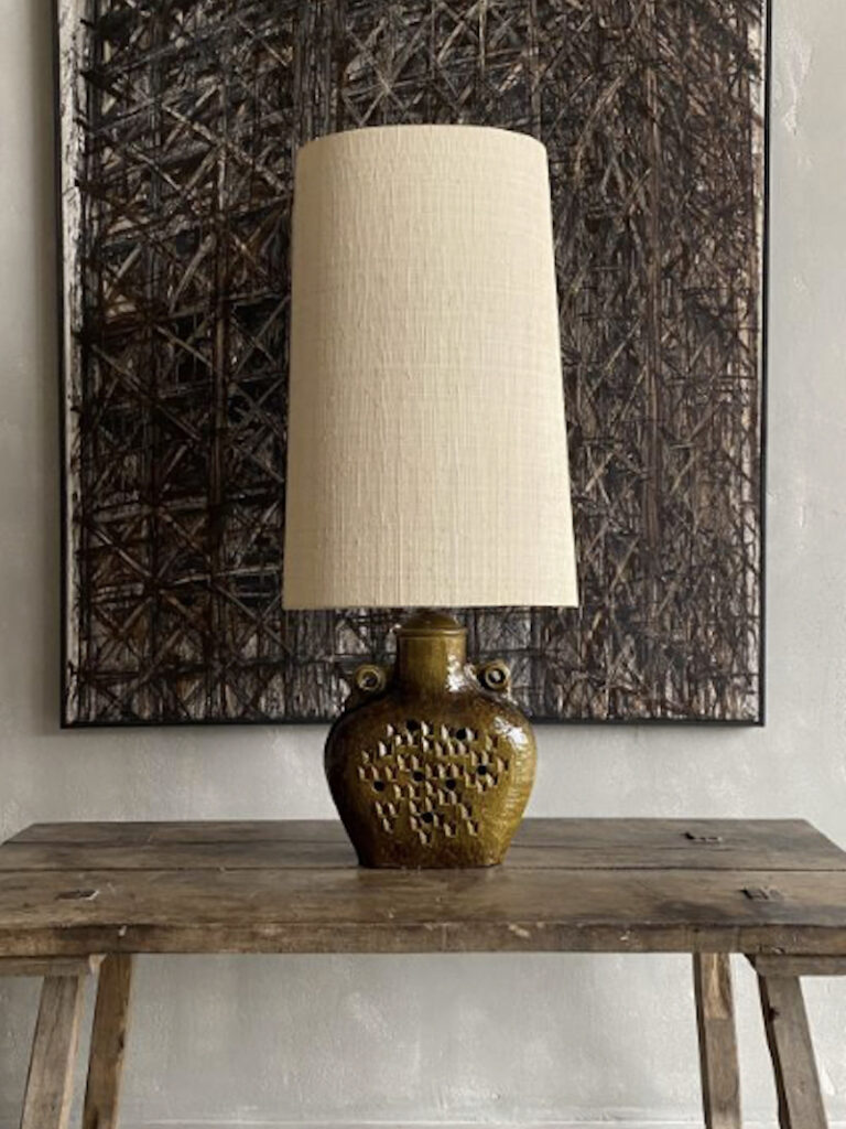 linen lampshade large abstract art painting wooden table