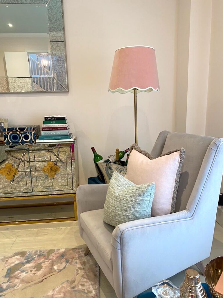 pink velvet scallop standard lamp armchair designer living room
