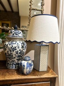 vases linen lampshade blue scallp trim dorothea hamilton stand